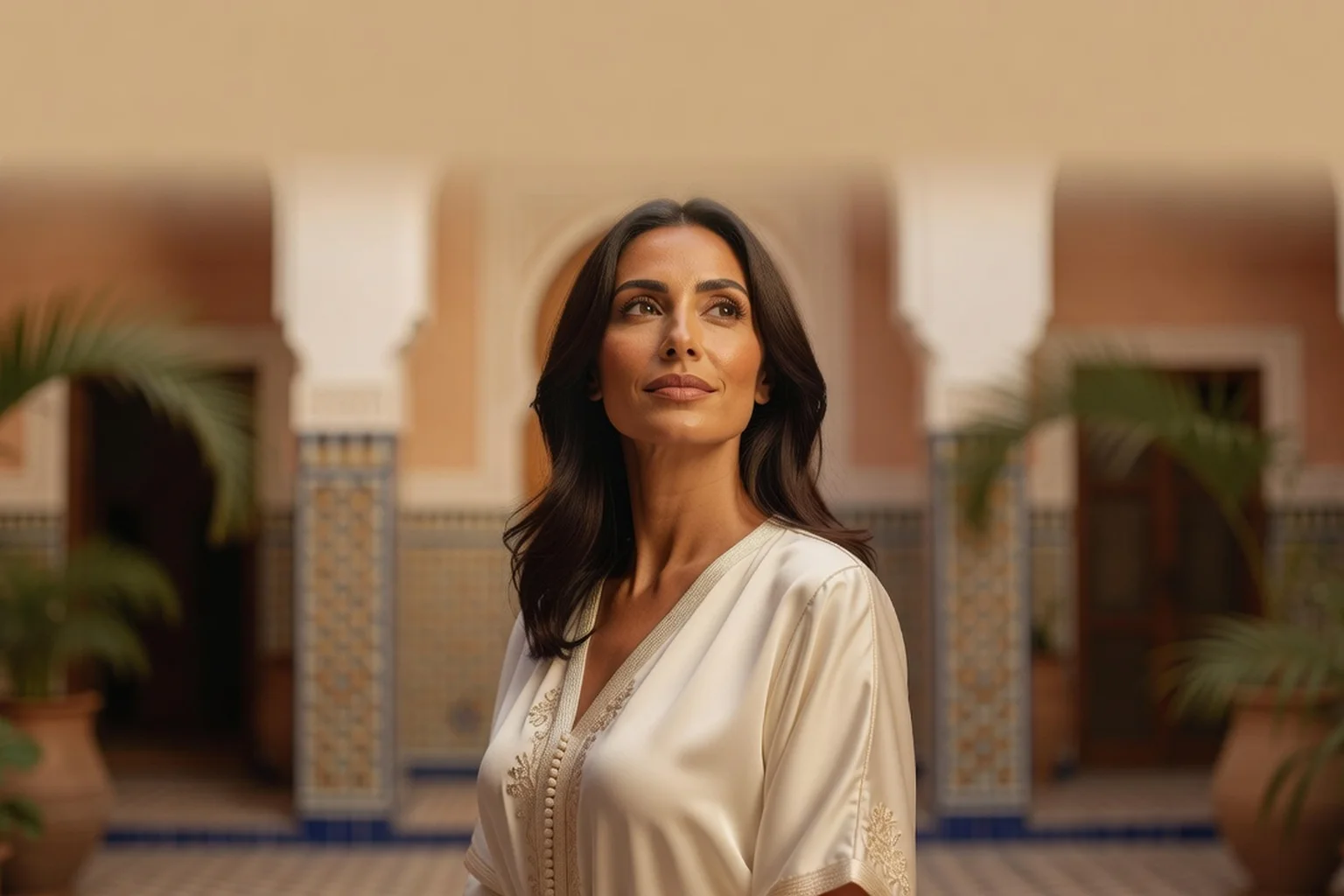 Portrait généré par IA d'une femme marocaine fictive en caftan ivoire dans un riad lumineux, ne représente pas une personne réelle