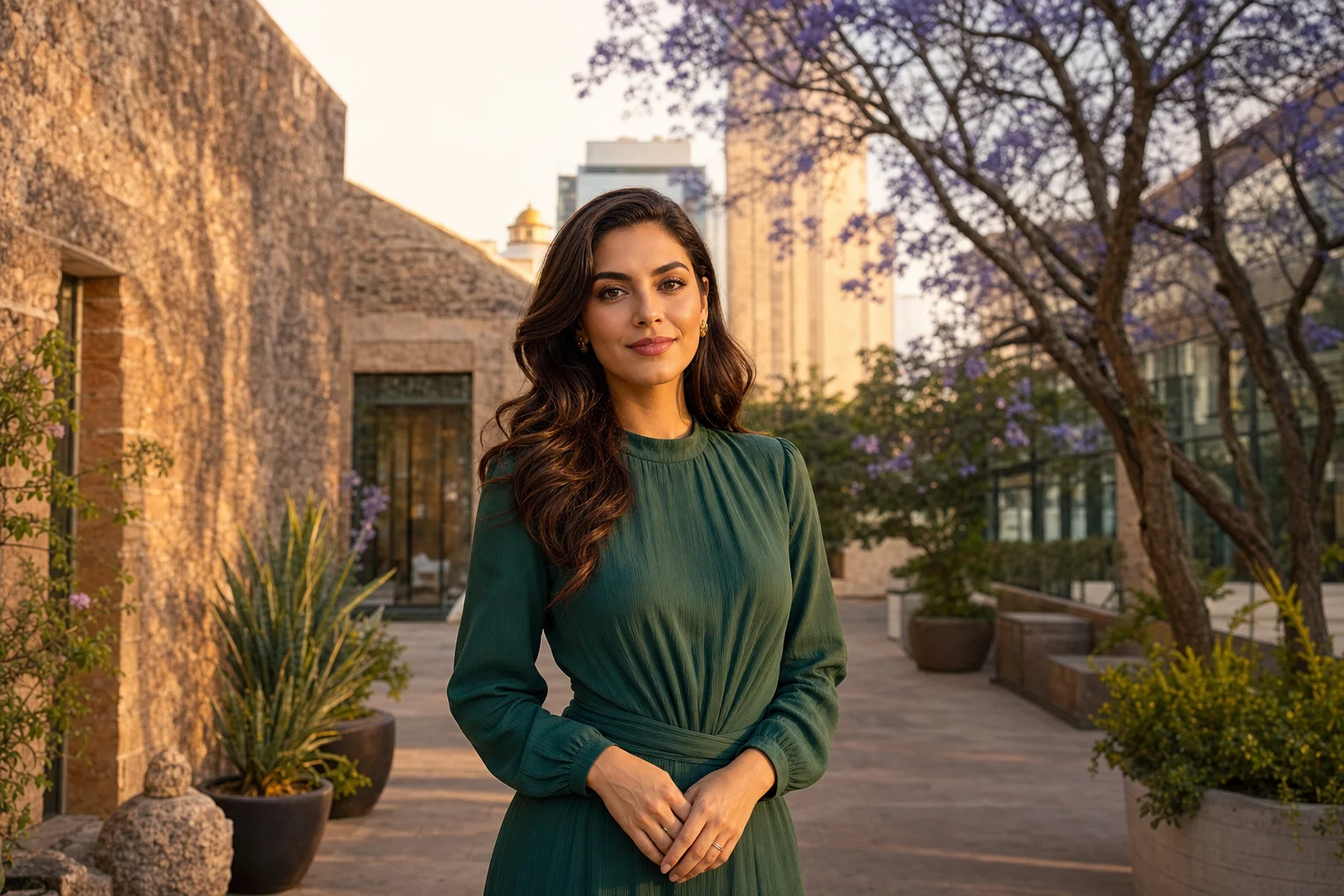 Portrait éditorial d'une femme fictive en robe vert jade dans une cour contemporaine de Mexico