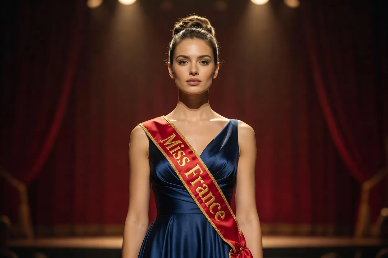 Jeune femme portant l'écharpe Miss France sur une scène de gala aux lumières chaleureuses