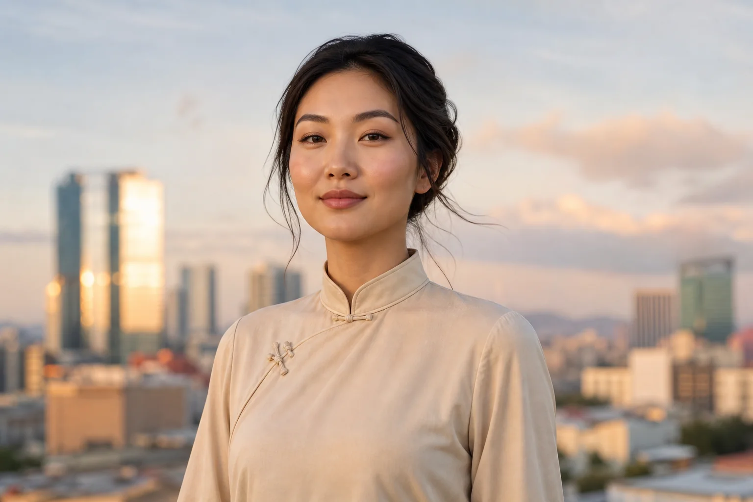 Portrait généré par IA d'une femme adulte fictive devant un décor urbain inspiré d'Oulan-Bator, ne représente pas une personne réelle
