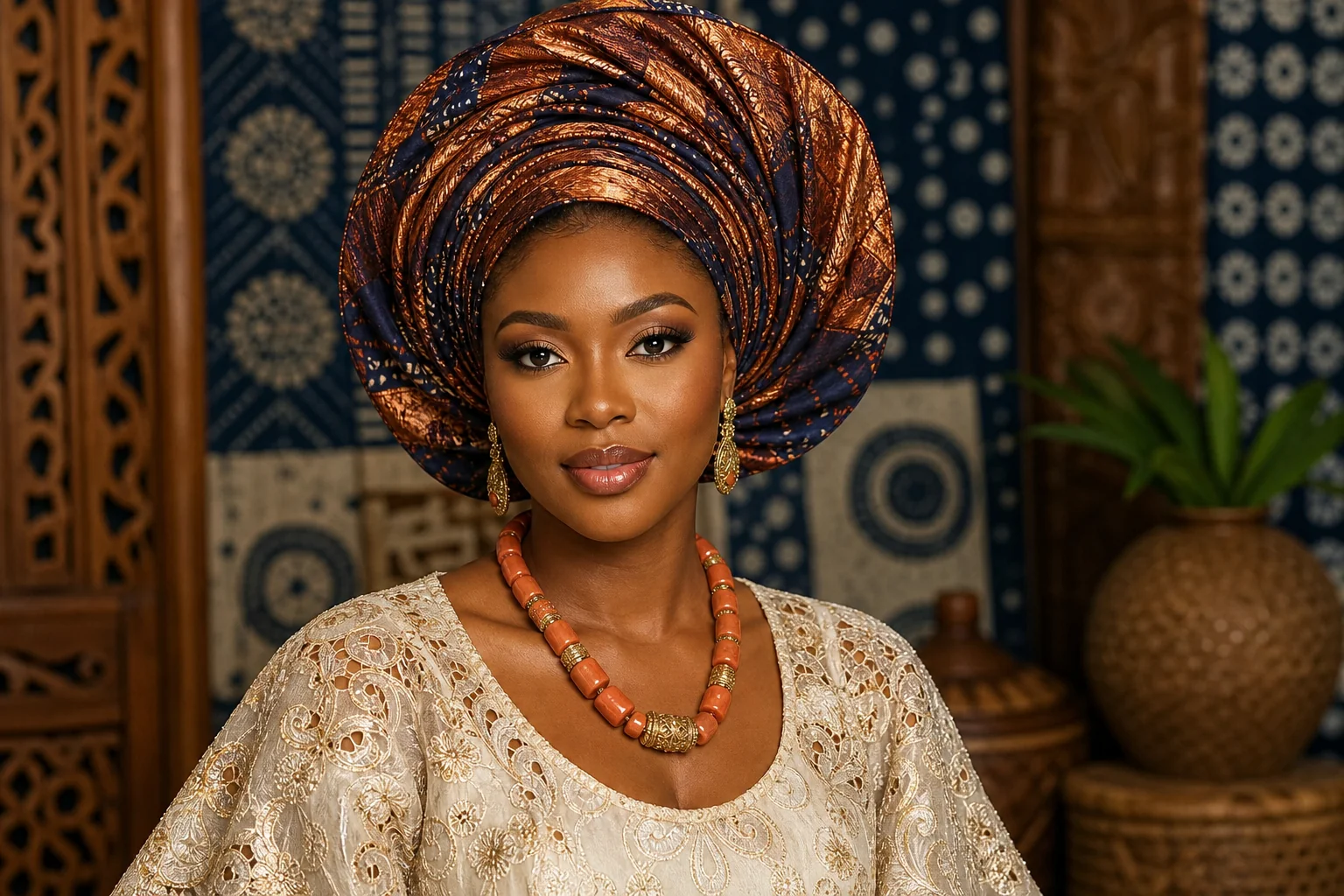 Portrait genere par IA d'une femme nigeriane fictive avec gele, bijoux dores et textiles adire devant Lagos, ne represente pas une personne reelle
