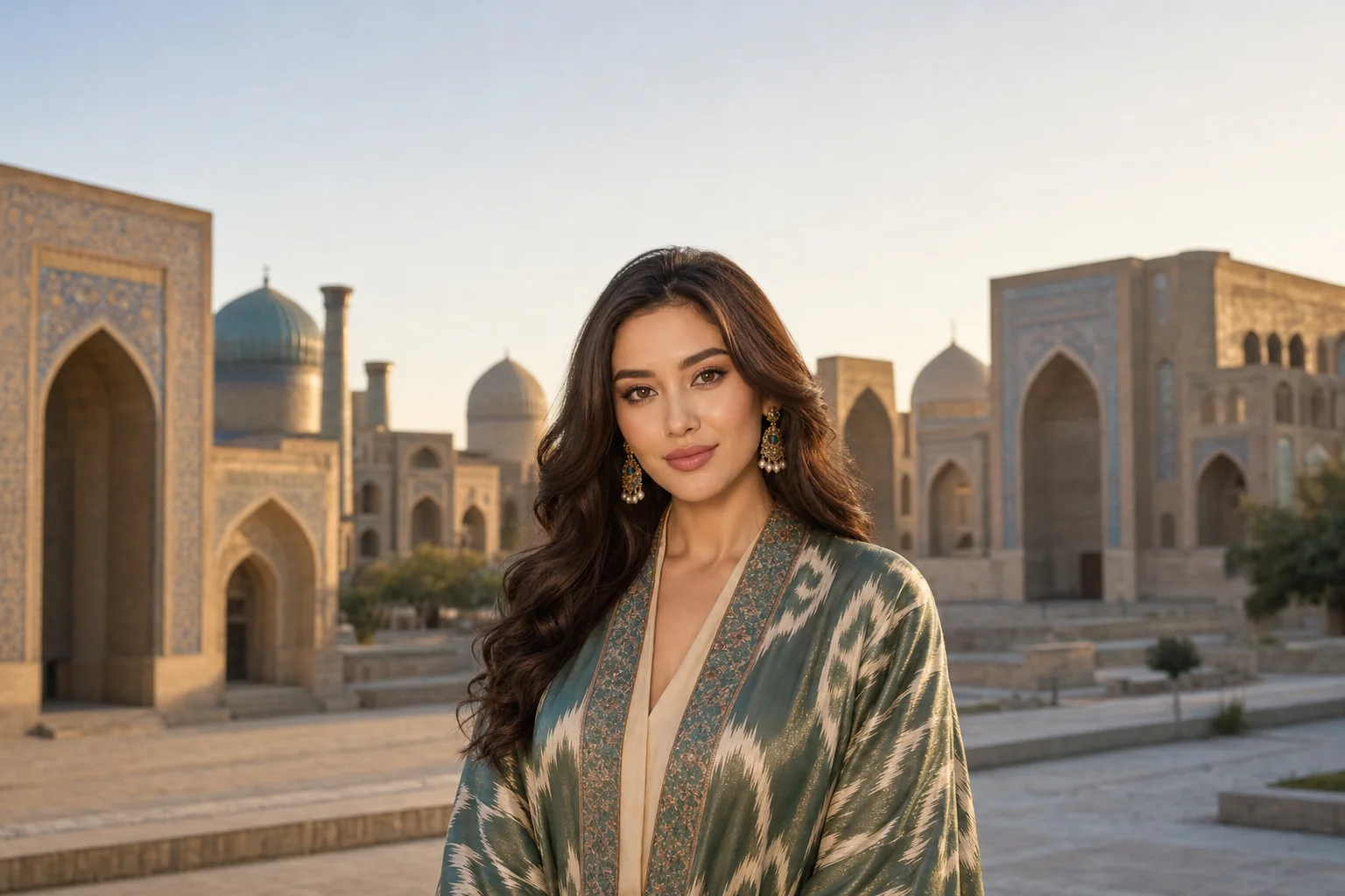 Portrait généré par IA d'une femme illustrant un style de beauté ouzbek, ne représente pas une personne réelle