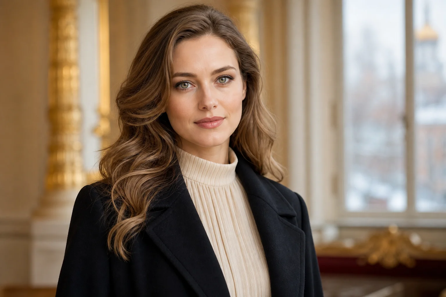 Portrait généré par IA d'une femme brune en manteau sombre et col crème dans un intérieur lumineux, ne représente pas une personne réelle