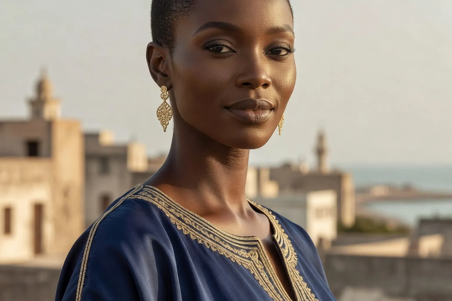 Portrait généré par IA d'une femme sénégalaise fictive en boubou indigo et bijoux d'or devant une évocation de Dakar, ne représente pas une personne réelle