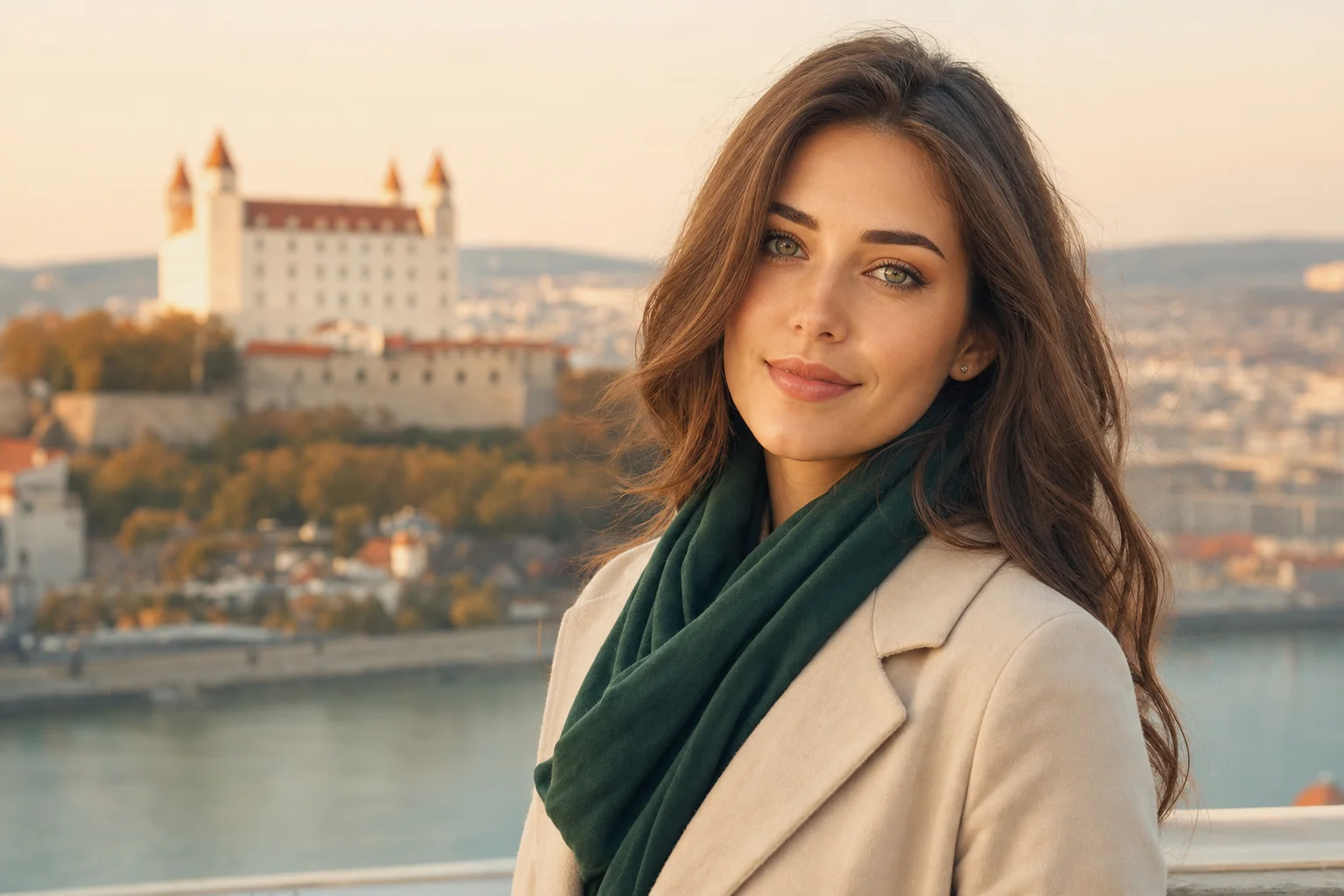 Portrait genere par IA d'une femme adulte fictive devant Bratislava et le Danube, ne represente pas une personne reelle