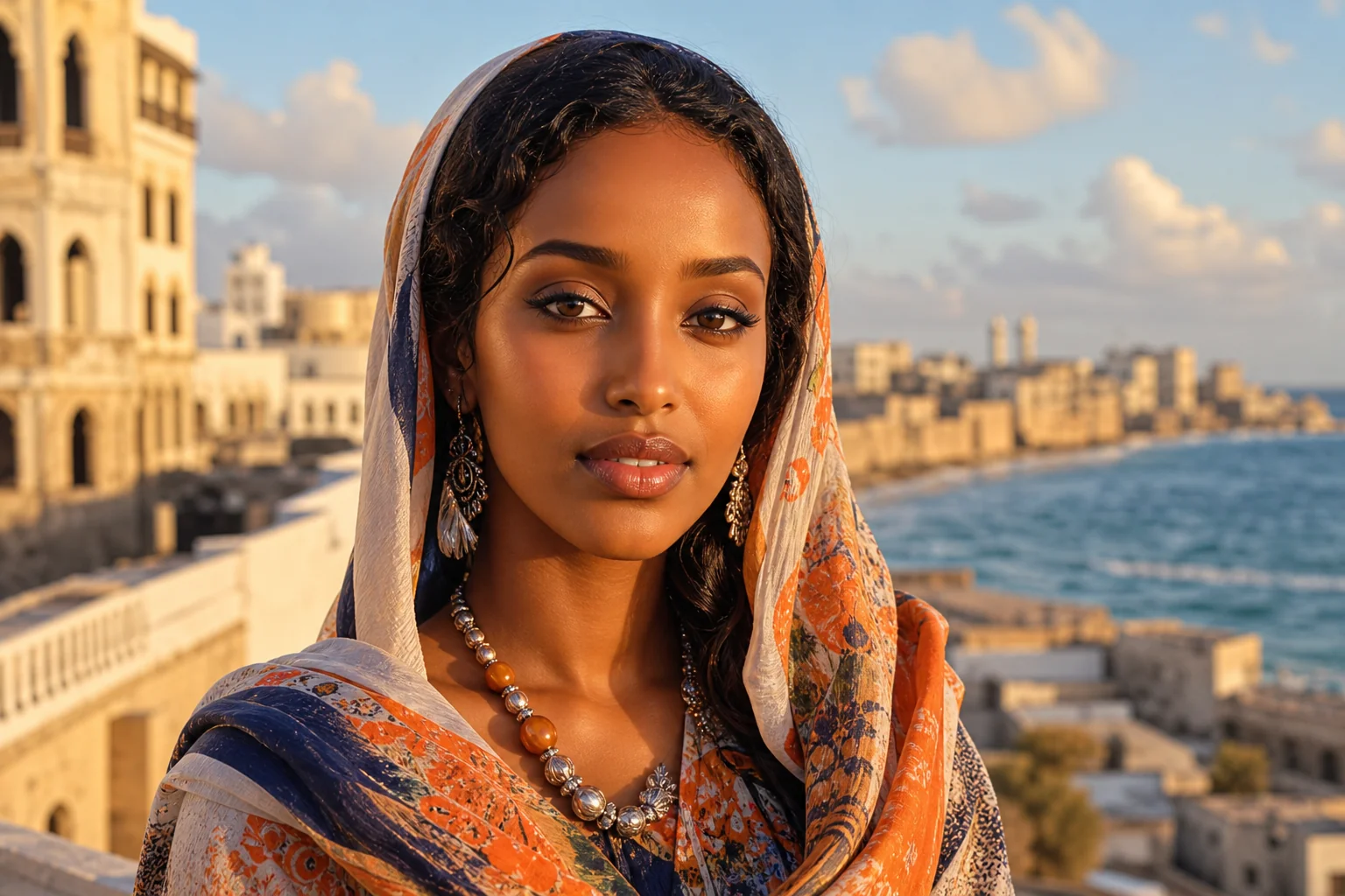 Portrait genere par IA d'une femme somalienne fictive avec voile colore et bijoux d'argent devant la cote de Mogadiscio, ne represente pas une personne reelle