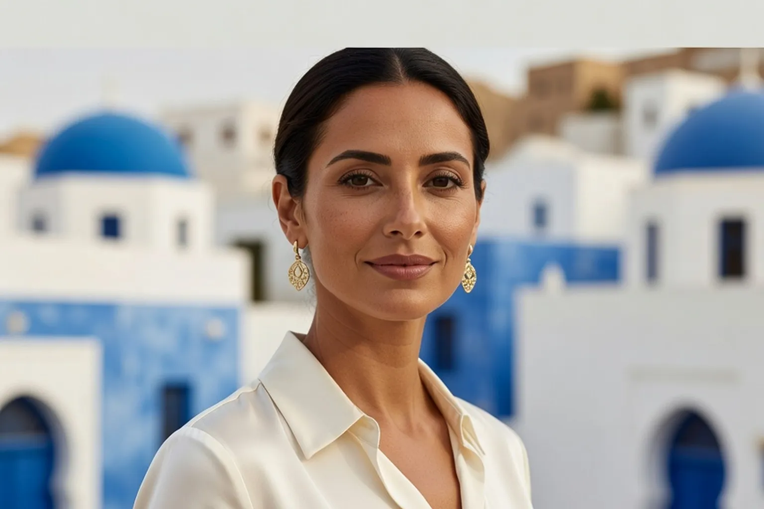 Portrait généré par IA d'une femme tunisienne fictive devant une architecture bleue et blanche de Sidi Bou Saïd, ne représente pas une personne réelle