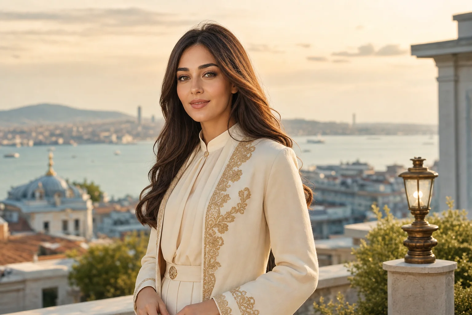 Mannequin fictive en tailleur crème brodé d’or sur une terrasse dominant le Bosphore et Istanbul au coucher du soleil.
